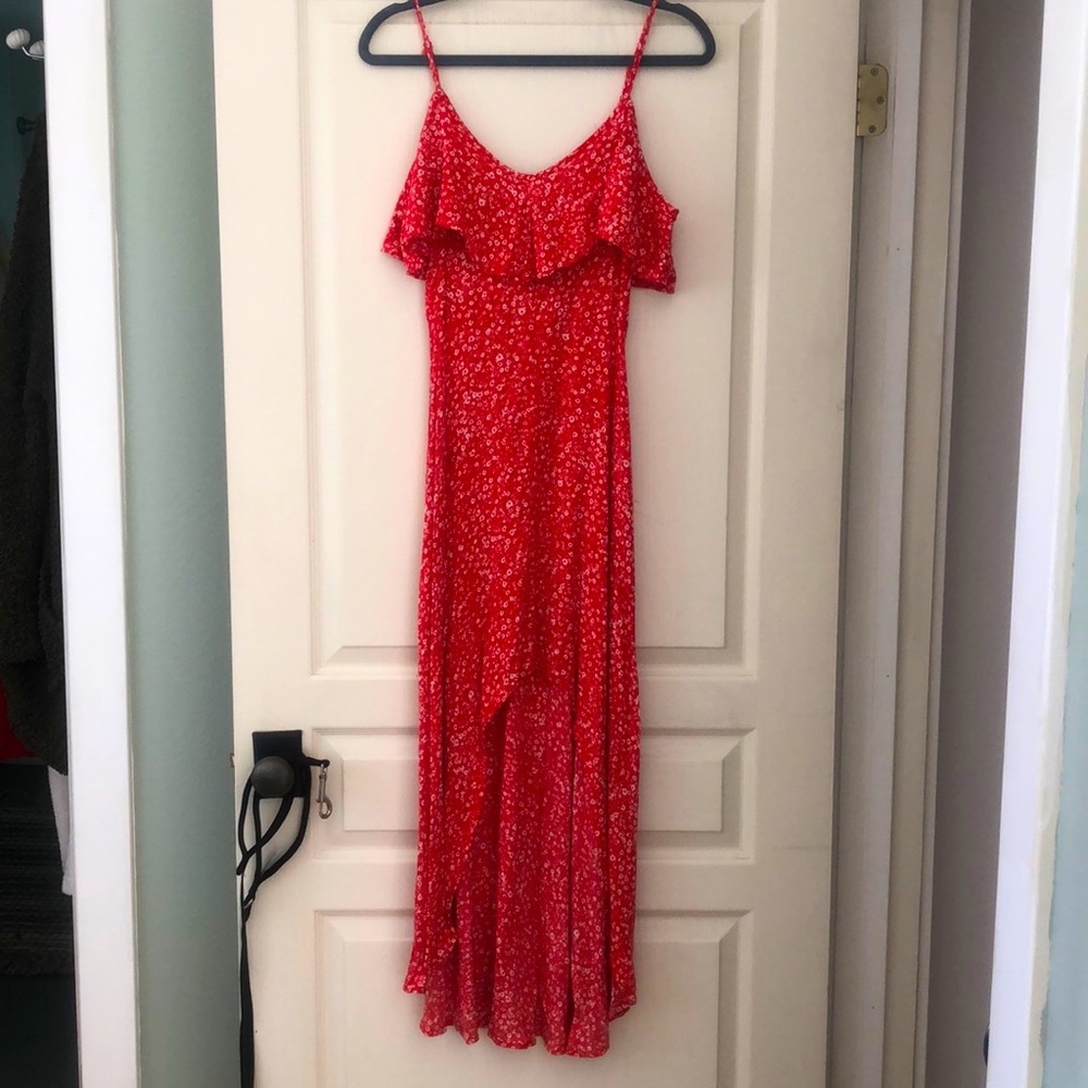 Red floral off shoulder asymmetrical dress